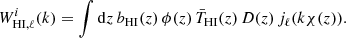 Mathematical equation: $$ \begin{aligned} W^i_{\mathrm{HI},\ell }(k) = \int \mathrm{d}z \, b_{\rm HI}(z) \, \phi (z) \, \bar{T}_{\rm HI}(z) \, D(z) \, j_\ell (k \chi (z)). \end{aligned} $$