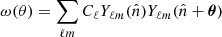 Mathematical equation: $$ \begin{aligned} \omega (\theta )&= \sum _{\ell m} C_\ell Y_{\ell m}(\hat{n}) Y_{\ell m}(\hat{n} + \boldsymbol{\theta }) \end{aligned} $$