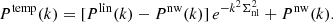 Mathematical equation: $$ \begin{aligned} P^\mathrm{temp}(k) = [P^\mathrm{lin}(k) - P^\mathrm{nw}(k)] \, e^{-k^2 \Sigma _{\rm nl}^2} + P^\mathrm{nw}(k). \end{aligned} $$