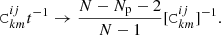 Mathematical equation: $$ \begin{aligned}[\mathtt C ^{ij}_{km}]^{-1} \rightarrow \frac{N - N_{\rm p} - 2}{N - 1} [\mathtt C ^{ij}_{km}]^{-1}. \end{aligned} $$