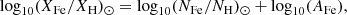 $$ \begin{aligned} \log _{10}(X_{\rm Fe}/X_{\rm H})_\odot = \log _{10}(N_{\rm Fe}/N_{\rm H})_\odot + \log _{10}(A_{\rm Fe}), \end{aligned} $$
