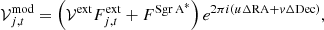 $$ \begin{aligned} \mathcal{V} ^{\text{mod}}_{j,t} =\left(\mathcal{V} ^{\text{ext}} F^{\mathrm{ext}}_{j,t} + F^{\mathrm{Sgr\,A}^{*}}\right)e^{2\pi i\left(u\Delta \mathrm{RA} + {v}\Delta \mathrm{Dec}\right)}, \end{aligned} $$