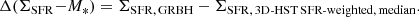 $$ \begin{aligned} {\Delta (\Sigma _{\rm {SFR}}{-}M_{\rm {*}}})= \Sigma _{\rm {SFR},\, GRBH} - \Sigma _{\rm {SFR},\, 3D\text{-}HST\, SFR\text{-}weighted,\,median}. \end{aligned} $$