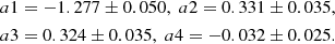 $$ \begin{aligned} a1 = -1.277 \pm 0.050,\; a2 = 0.331 \pm 0.035,\\ a3 = 0.324 \pm 0.035,\; a4 = -0.032 \pm 0.025. \end{aligned} $$