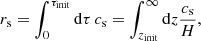 $$ \begin{aligned} r_{\mathrm{s}} = \int _{0}^{\tau _{\mathrm{init}}} \mathrm{d}\tau \,c_{\rm s} = \int ^{\infty }_{z_{\mathrm{init}}} \mathrm{d}z \frac{c_{\rm s}}{H}, \end{aligned} $$