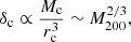 $$ \begin{aligned} \delta _{\rm c} \propto \frac{M_{\rm c}}{r_{\rm c}^3} \sim M_{200}^{2/3}, \end{aligned} $$