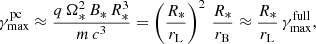 $$ \begin{aligned} \gamma _{\rm max}^\mathrm{pc} \approx \frac{q \, \Omega _*^2\,B_*\,R_*^3}{m\,c^3} = \left( \frac{R_*}{r_{\rm L}} \right)^2 \, \frac{R_*}{r_{\rm B}} \approx \frac{R_*}{r_{\rm L}} \, \gamma _{\rm max}^\mathrm{full} ,\end{aligned} $$