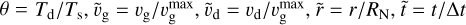 ${{\tilde \upsilon }_{\rm{g}}} = {{{\upsilon _{\rm{g}}}} \mathord{\left/ {\vphantom {{{\upsilon _{\rm{g}}}} {\upsilon _{\rm{g}}^{{\rm{max}}}}}} \right. \kern-\nulldelimiterspace} {\upsilon _{\rm{g}}^{{\rm{max}}}}},{{\tilde \upsilon }_{\rm{d}}} = {{{\upsilon _{\rm{d}}}} \mathord{\left/ {\vphantom {{{\upsilon _{\rm{d}}}} {\upsilon _{\rm{d}}^{{\rm{max}}}}}} \right. \kern-\nulldelimiterspace} {\upsilon _{\rm{d}}^{{\rm{max}}}}},\tilde r = {r \mathord{\left/ {\vphantom {r {{R_N}}}} \right. \kern-\nulldelimiterspace} {{R_N}}},\tilde t = {t \mathord{\left/ {\vphantom {t {{\rm{\Delta }}t}}} \right. \kern-\nulldelimiterspace} {{\rm{\Delta }}t}}$