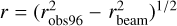 $r = {\left( {r_{{\rm{obs9}}6}^2 - r_{{\rm{beam}}}^2} \right)^{1/2}}$