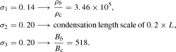 $$ \begin{aligned} \sigma _1 = 0.14&\longrightarrow \frac{\rho _b}{\rho _{\rm c}} = 3.46 \times 10^5, \\ \sigma _2 = 0.20&\longrightarrow \mathrm{condensation\,length\,scale\,of\,} 0.2 \times L, \\ \sigma _3 = 0.20&\longrightarrow \frac{B_b}{B_{\rm c}} =518. \end{aligned} $$