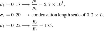 $$ \begin{aligned} \sigma _1 = 0.17&\longrightarrow \frac{\rho _b}{\rho _{\rm c}} = 5.7 \times 10^3, \\ \sigma _2 = 0.20&\longrightarrow \mathrm{condensation\,length\,scale\,of\,} 0.2 \times L, \\ \sigma _3 = 0.22&\longrightarrow \frac{B_b}{B_{\rm c}} = 175. \end{aligned} $$