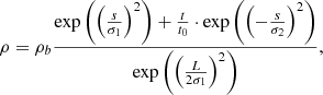 $$ \begin{aligned} \rho = \rho _b \frac{\exp \left(\left(\frac{s}{\sigma _1}\right)^2\right) + \frac{t}{t_0} \cdot \exp \left(\left(-\frac{s}{\sigma _2}\right)^2\right)}{\exp \left(\left(\frac{L}{2 \sigma _1}\right)^2\right)}, \end{aligned} $$