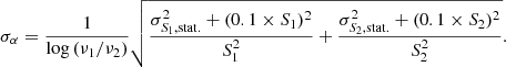 $$ \begin{aligned} \sigma _\alpha = \frac{1}{\log {(\nu _1/\nu _2)}} \sqrt{\frac{\sigma _{S_1,\mathrm{stat.} }^2 + (0.1\times S_1)^2}{S_1^2}+\frac{\sigma _{S_2,\mathrm{stat.} }^2 + (0.1\times S_2)^2}{S_2^2}}. \end{aligned} $$