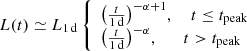 $$ \begin{aligned} L(t)\simeq L_{1\,\mathrm{d}} \left\{ \begin{array}{l} \left(\frac{t}{1\,\mathrm{d}}\right)^{-\alpha +1}\!, \quad \ t \le t_{\rm peak} \\ \left(\frac{t}{1\,\mathrm{d}}\right)^{-\alpha }\!, \qquad t > t_{\rm peak} \end{array}\right. \end{aligned} $$