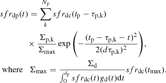 $$ \begin{aligned}&sfr_\mathrm{dp} (t) = \sum _k^{N_\mathrm{p} } sfr_\mathrm{dc} (t_\mathrm{p} -\tau _\mathrm{p,k} ) \\&\qquad \qquad \times \frac{\Sigma _\mathrm{p,k} }{\Sigma _\mathrm{max} } \exp {\left( - \frac{(t_\mathrm{p} - \tau _\mathrm{p,k} - t)^2}{2 (d\tau _\mathrm{p,k} )^2} \right)},\nonumber \\&\text{ where} \quad \Sigma _\mathrm{max} = \frac{\Sigma _\mathrm{d} }{\int _0^{t_\mathrm{p} } sfr_\mathrm{dc} (t) g_\mathrm{d} (t) \mathrm{d}t} sfr_\mathrm{dc} (t_\mathrm{max} ). \nonumber \end{aligned} $$