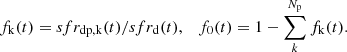 $$ \begin{aligned} f_\mathrm{k} (t) = sfr_\mathrm{dp,k} (t)/sfr_\mathrm{d} (t), \quad f_0(t) = 1 - \sum _k^{N_\mathrm{p} } f_\mathrm{k} (t). \end{aligned} $$