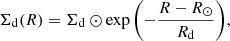 $$ \begin{aligned} \Sigma _\mathrm{d} (R) = \Sigma _\mathrm d\odot \exp {\left( - \frac{R - R_\odot }{R_\mathrm{d} }\right)}, \end{aligned} $$