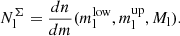 $$ \begin{aligned} N^\Sigma _\mathrm{l} = \frac{dn}{dm}(m^\mathrm{low}_\mathrm{l} ,m^\mathrm{up}_\mathrm{l} , M_\mathrm{l} ). \end{aligned} $$