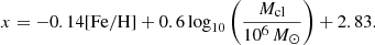 $$ \begin{aligned} x = -0.14[\mathrm{Fe/H}] + 0.6\,\mathrm{log}_{10} \left(\frac{M_{\rm cl}}{10^{6}\,{M_{\odot }}}\right) + 2.83. \end{aligned} $$