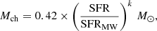 $$ \begin{aligned} M_{\rm ch} = 0.42 \times \left(\frac{\mathrm{SFR}}{\mathrm{SFR}_{\mathrm{MW}}}\right)^{k}\,M_{\odot }, \end{aligned} $$