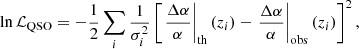 $$ \begin{aligned} \ln \mathcal{L} _\text{QSO}=-\frac{1}{2}\sum \limits _{i}\frac{1}{\sigma _i^2}\left[\left.\frac{\Delta \alpha }{\alpha }\right|_\text{th}\left(z_i\right)-\left.\frac{\Delta \alpha }{\alpha }\right|_\text{obs}\left(z_i\right)\right]^2, \end{aligned} $$