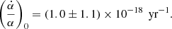 $$ \begin{aligned} \left(\frac{\dot{\alpha }}{\alpha }\right)_0=\left(1.0\pm 1.1\right)\times 10^{-18}\,\text{ yr}^{-1}. \end{aligned} $$