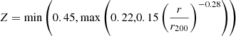 $ Z=\min\left(0.45,\max\left(0.22,0.15 \left(\frac{r}{r_{200}}\right)^{-0.28}\right)\right) $
