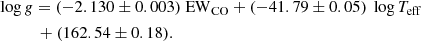$$ \begin{aligned}&\log {g} = (-2.130 \pm 0.003)\ \mathrm{EW}_{\rm CO} + (-41.79 \pm 0.05)\ \log {T_{\rm eff}} \nonumber \\&\qquad \quad + (162.54 \pm 0.18). \end{aligned} $$