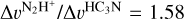 ${{{\rm{\Delta }}{\upsilon ^{{{\rm{N}}_2}{{\rm{H}}^ + }}}} \mathord{\left/ {\vphantom {{{\rm{\Delta }}{\upsilon ^{{{\rm{N}}_2}{{\rm{H}}^ + }}}} {{\rm{\Delta }}{\upsilon ^{{\rm{H}}{{\rm{C}}_3}{\rm{N}}}}}}} \right. \kern-\nulldelimiterspace} {{\rm{\Delta }}{\upsilon ^{{\rm{H}}{{\rm{C}}_3}{\rm{N}}}}}}$