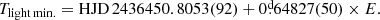 $$ \begin{aligned} T_{\rm light\, min.}=\mathrm{HJD}\,2436450.8053(92)+0\overset{\text{d}}{.}64827(50)\times E. \end{aligned} $$
