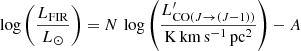 $$ \begin{aligned} \log \left(\frac{L_{\rm FIR}}{L_{\odot }}\right) = N\,\log \left(\frac{L_{\mathrm{CO}(J\rightarrow (J-1))}^{\prime }}{\mathrm{K\,km\,s^{-1}\,pc^{2}}}\right)-A \end{aligned} $$