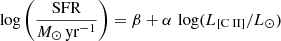 $$ \begin{aligned} \log \left(\frac{\mathrm{SFR}}{{M_{\odot }\,\mathrm{yr^{-1}}}}\right) = \beta +\alpha \,\log (L_{\rm [{\text{C}}{\small {{\text{ II}}}}]}/{L_{\odot }}) \end{aligned} $$