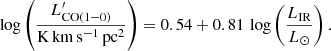 $$ \begin{aligned} \log \left(\frac{L_{\rm CO(1{-}0)}^{\prime }}{\mathrm{K\,km\,s^{-1}\,pc^{2}}}\right) = 0.54 + 0.81\,\log \left(\frac{L_{\rm IR}}{L_{\odot }}\right). \end{aligned} $$