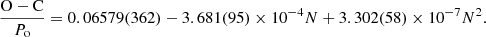 $$ \begin{aligned} \frac{\mathrm{O-C}}{P_{\rm o}} = 0.06579(362) - 3.681(95) \times 10^{-4} N + 3.302(58) \times 10^{-7} N^2. \end{aligned} $$