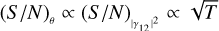 ${\left( {S/N} \right)_\theta } \propto {\left( {S/N} \right)_{{{\left| {{\gamma _{12}}} \right|}^2}}} \propto \sqrt T $