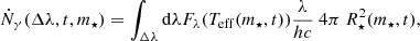 $$ \begin{aligned} \dot{N}_{\gamma }(\Delta \lambda ,t,m_\star ) = \int _{\Delta \lambda } \mathrm{d}\lambda F_\lambda (T_{\mathrm{eff}}(m_\star , t))\frac{\lambda }{hc} \ 4 \pi \ R^{2}_{\star }(m_\star , t), \end{aligned} $$