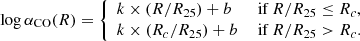 $$ \begin{aligned} \log \alpha _{\rm CO}(R) = {\left\{ \begin{array}{ll} k\times (R/R_{25}) + b&\text{ if}\ R/R_{25}\le R_c,\\ k\times (R_c/R_{25}) + b&\text{ if}\ R/R_{25}> R_c.\\ \end{array}\right.} \end{aligned} $$