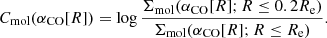 $$ \begin{aligned} C_{\rm mol}(\alpha _{\rm CO}[R])=\log \frac{ \Sigma _{\rm mol}(\alpha _{\rm CO}[R]; R\le 0.2R_{\rm e}) }{ \Sigma _{\rm mol}(\alpha _{\rm CO}[R]; R\le R_{\rm e})}. \end{aligned} $$