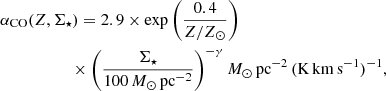 $$ \begin{aligned}&\alpha _{\rm CO}(Z,\Sigma _{\star }) = 2.9 \times \exp \left(\frac{0.4}{Z/Z_{\odot }}\right) \nonumber \\&\qquad \qquad \quad \,\, \times \left( \frac{\Sigma _{\star }}{100\,M_{\odot }\,\mathrm{pc}^{-2}} \right)^{-\gamma } M_{\odot }\,\mathrm{pc}^{-2}\,(\mathrm{K\,km\,s}^{-1})^{-1}, \end{aligned} $$