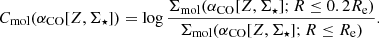 $$ \begin{aligned} C_{\rm mol}(\alpha _{\rm CO}[Z,\Sigma _{\star }])=\log \frac{ \Sigma _{\rm mol}(\alpha _{\rm CO}[Z,\Sigma _{\star }]; R\le 0.2R_{\rm e}) }{ \Sigma _{\rm mol}(\alpha _{\rm CO}[Z,\Sigma _{\star }]; R\le R_{\rm e})}. \end{aligned} $$