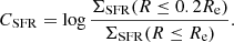 $$ \begin{aligned} C_{\rm SFR} = \log \frac{ \Sigma _{\rm SFR} (R\le 0.2R_{\rm e}) }{\Sigma _{\rm SFR}(R\le R_{\rm e}) }. \end{aligned} $$