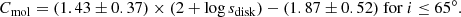 $$ \begin{aligned} C_{\rm mol} = (1.43\pm 0.37) \times (2+\log s_{\rm disk}) - (1.87\pm 0.52) \text{ for}\ i\le 65^\circ . \end{aligned} $$