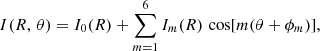 $$ \begin{aligned} I(R,\, \theta ) = I_{0}(R) + \sum _{m=1}^{6} I_{m}(R)\, \cos [m(\theta + \phi _{m})], \end{aligned} $$