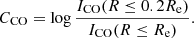 $$ \begin{aligned} C_{\rm CO}=\log \frac{ I_{\rm CO}(R\le 0.2R_{\rm e}) }{ I_{\rm CO}(R\le R_{\rm e})}. \end{aligned} $$