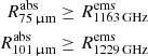 $$ \begin{aligned} R^{\mathrm{abs} }_{\rm 75\,\upmu m }&\ge R^{\mathrm{ems} }_{\rm 1163\,GHz } \\ R^{\mathrm{abs} }_{\rm 101\,\upmu m }&\ge R^{\mathrm{ems} }_{\rm 1229\,GHz } \nonumber \end{aligned} $$