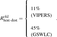 $$ \begin{aligned} {R_{\text{heat-dust}}^\mathrm{old}} = \left\{ \begin{array}{l} 11\% &{\mathrm{(VIPERS) }}\\ 45\% &{\mathrm{(GSWLC) }} \end{array} \right. . \end{aligned} $$