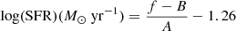 $$ \begin{aligned} {\mathrm{log(SFR)}}(M_{\odot }\ {\mathrm{yr^{-1}}})=\frac{f-B}{A}-1.26 \end{aligned} $$