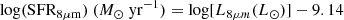 $$ \begin{aligned} {\mathrm{log(SFR_{8{\mu m}})}}\ (M_{\odot }\ {\mathrm{yr^{-1}}})={\mathrm{log[}}L_{8\mu m}{(L_{\odot })}]-9.14 \end{aligned} $$