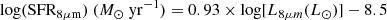 $$ \begin{aligned} {\mathrm{log(SFR_{8{\mu m}})}}\ (M_{\odot }\ {\mathrm{yr^{-1}}})=0.93\times {\mathrm{log[}}L_{8\mu m}{(L_{\odot })}]-8.5 \end{aligned} $$