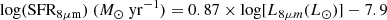 $$ \begin{aligned} {\mathrm{log(SFR_{8{\mu m}})}}\ (M_{\odot }\ {\mathrm{yr^{-1}}})=0.87\times {\mathrm{log[}}L_{8\mu m}{(L_{\odot })}]-7.9 \end{aligned} $$